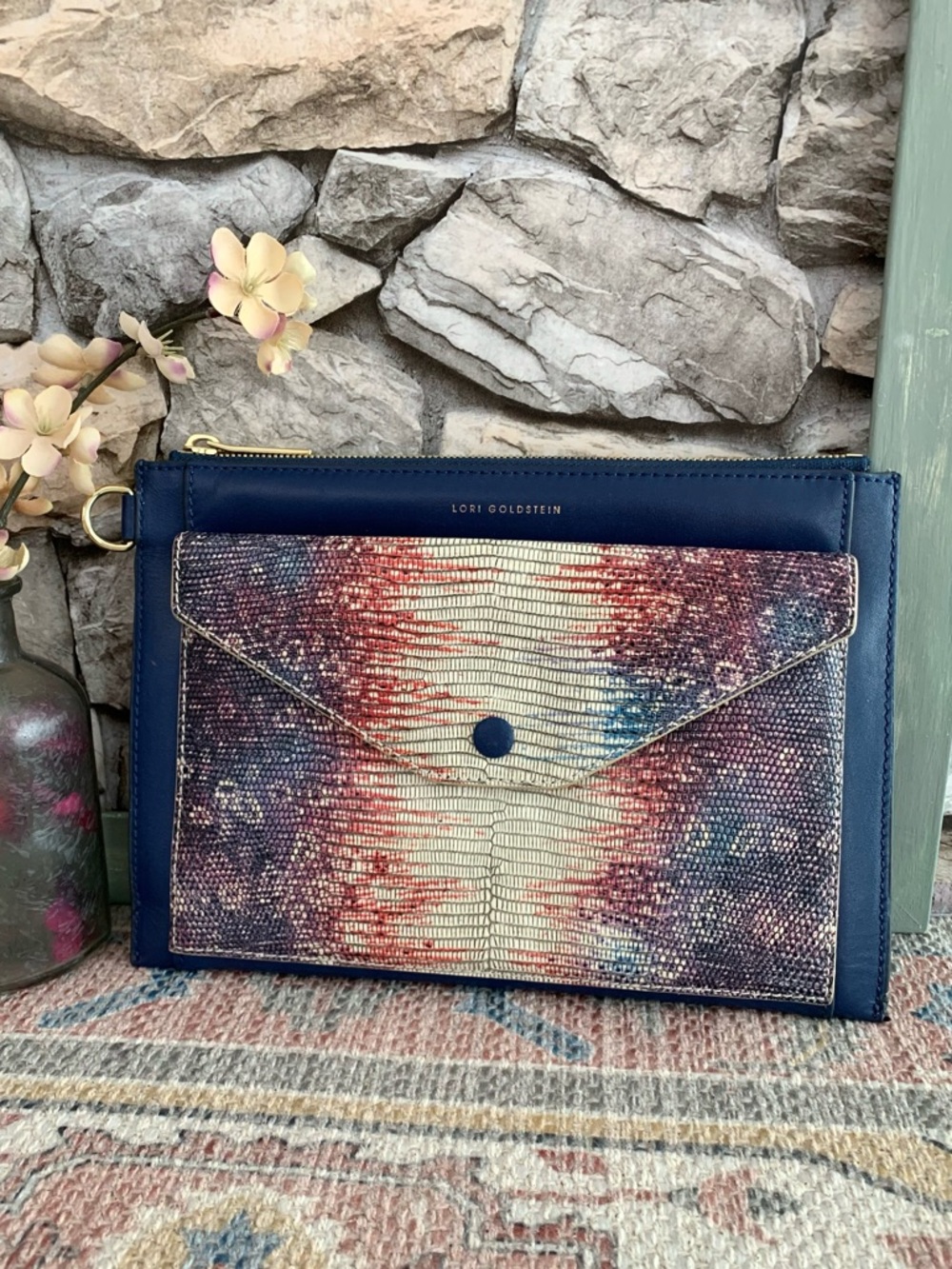 LOGO by Lori Goldstein Slim Leather Envelope Pouch Clutch Wristlet RFID Sea Blue